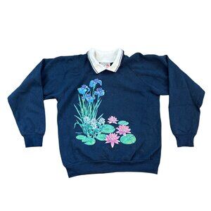 Vintage 90s Printed Contrast Collar Grandma Sweater Sweatshirt